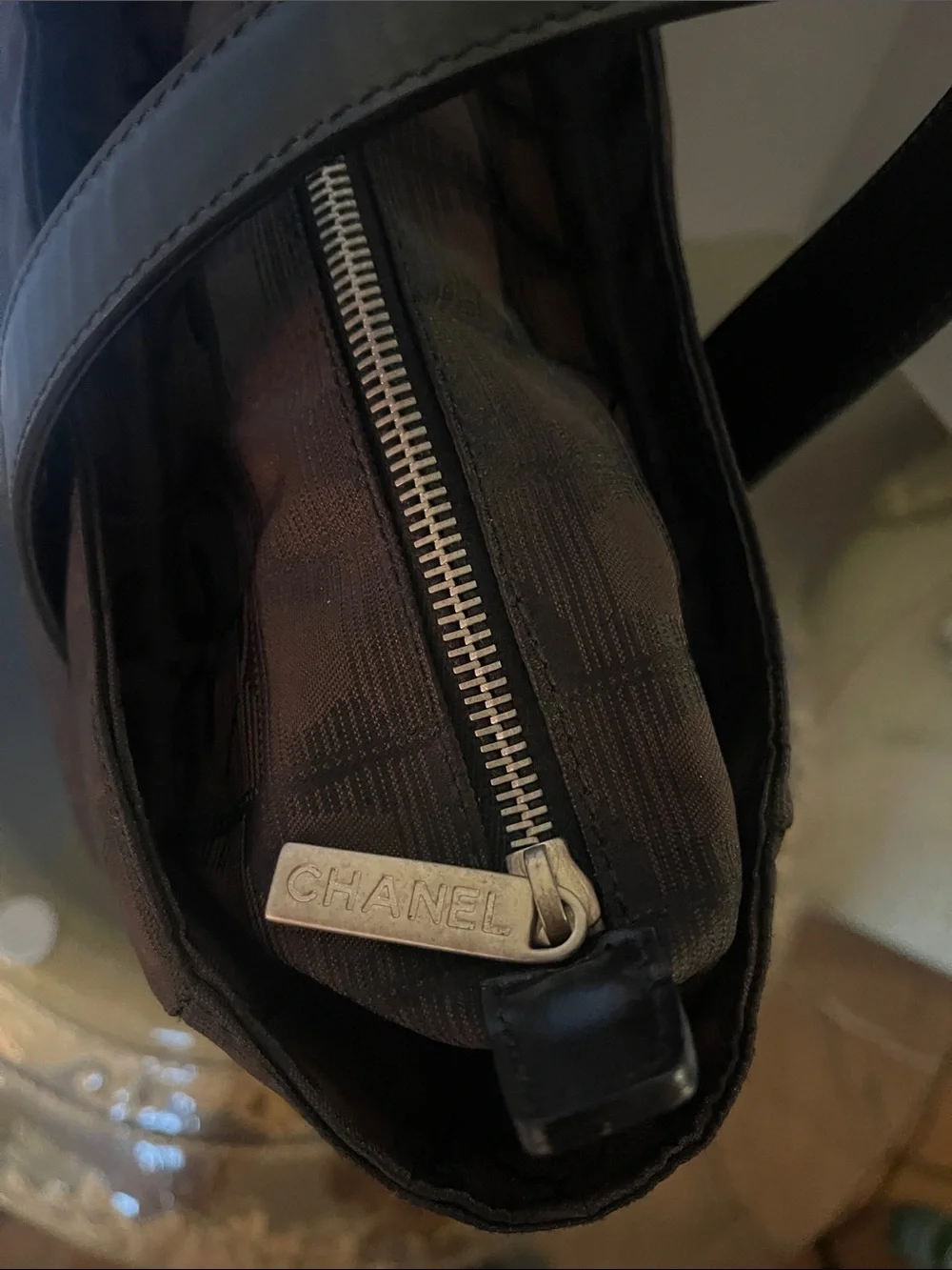 CHANEL Black and Brown Logo Jacquard Tote with Leather Handles